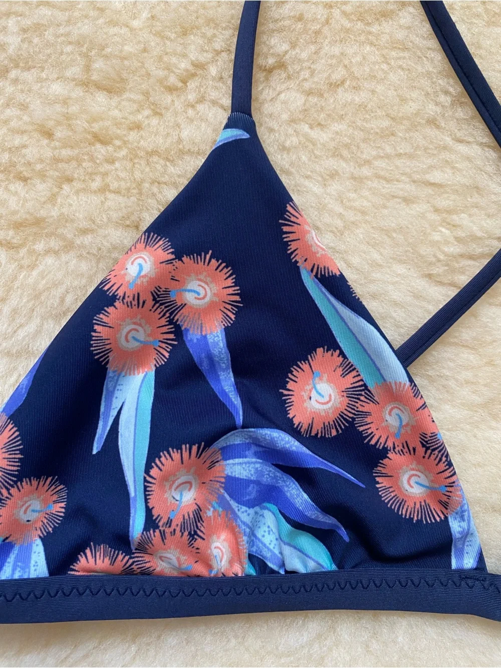 Patagonia Nanogrip Triangle Bikini Top Floral Navy with Coral Accents Tie Back